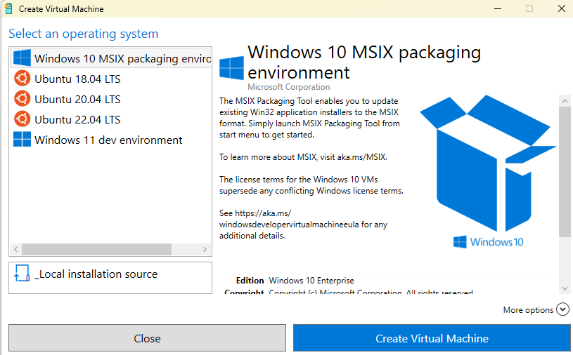 A window with options for quickly creating a VM in Hyper-V