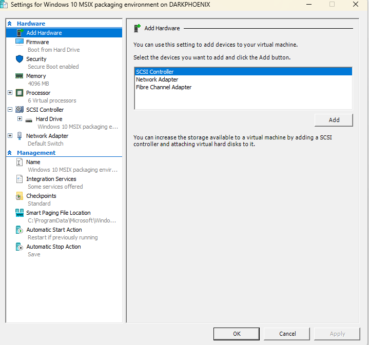 Settings window for a Hyper-V VM