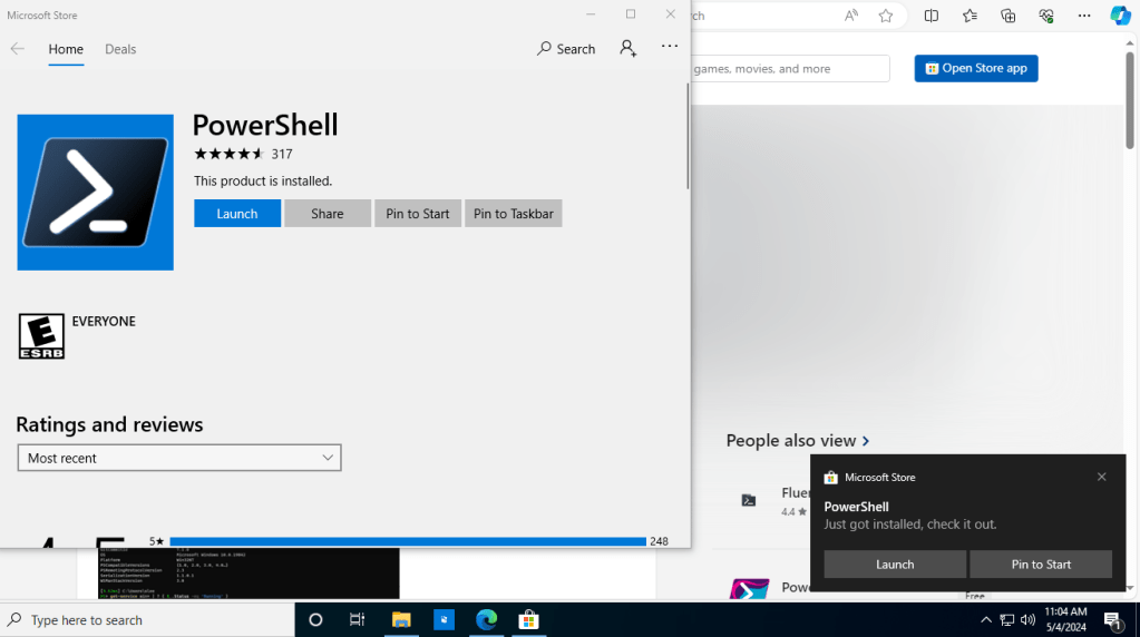 Picture of the Microsoft store, a notification box says "Powershell just got installed, check it out"