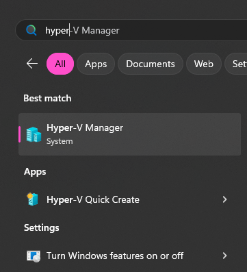 A windows search box with results for "Hyper-V"